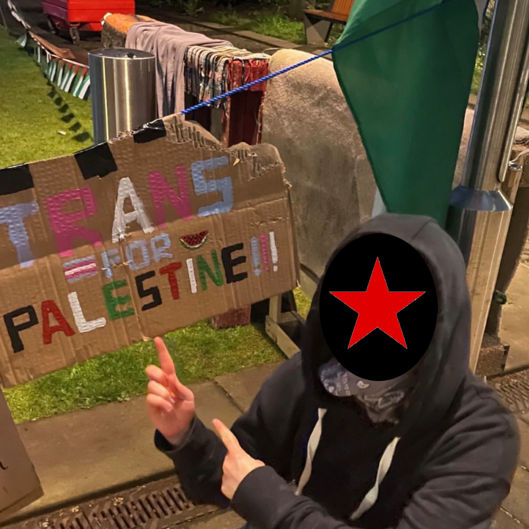 "TRANS FOR PALESTINE" banner outside the Palestine Solidarity encampment on Newcastle University campus.